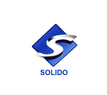 Logo de Solido, avec un S stylisé en argent sur fond bleu et le nom en dessous.